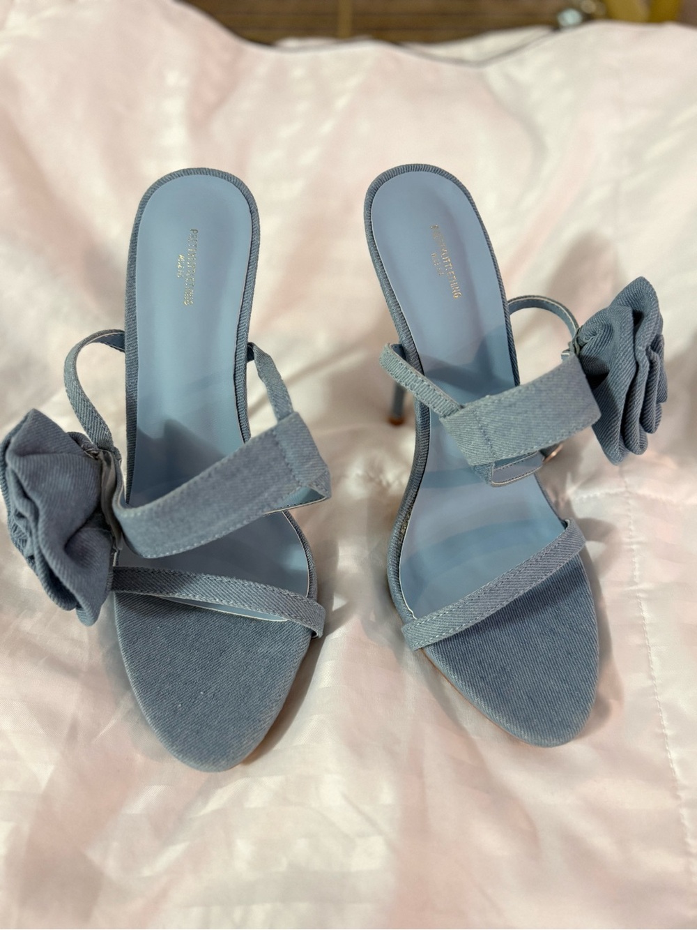 PrettyLittleThing Denim Rose Detail High Heel Sandals Blue US 7